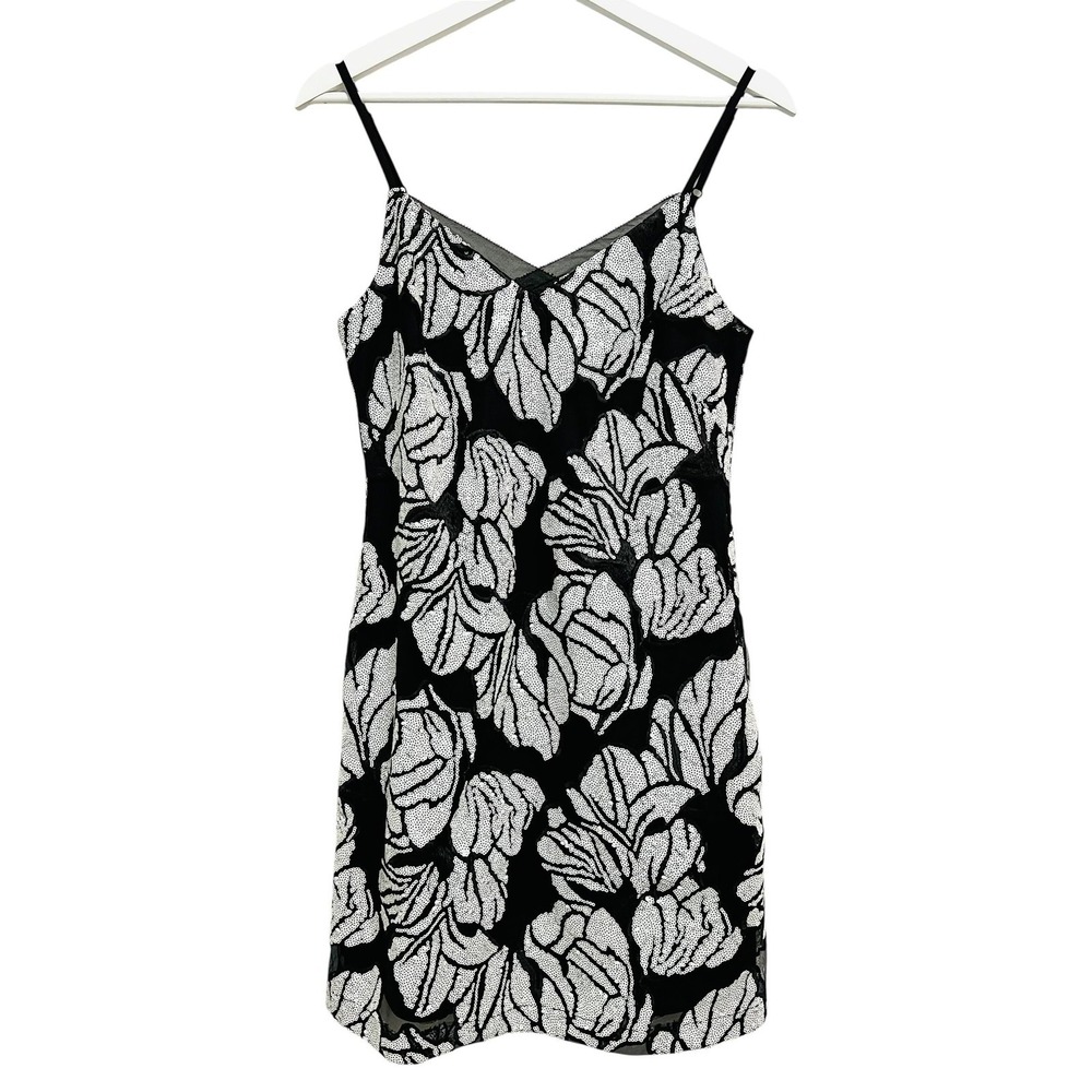 White House Black Market Dress Womens 2 Black Sequin Floral Slip Mini Party